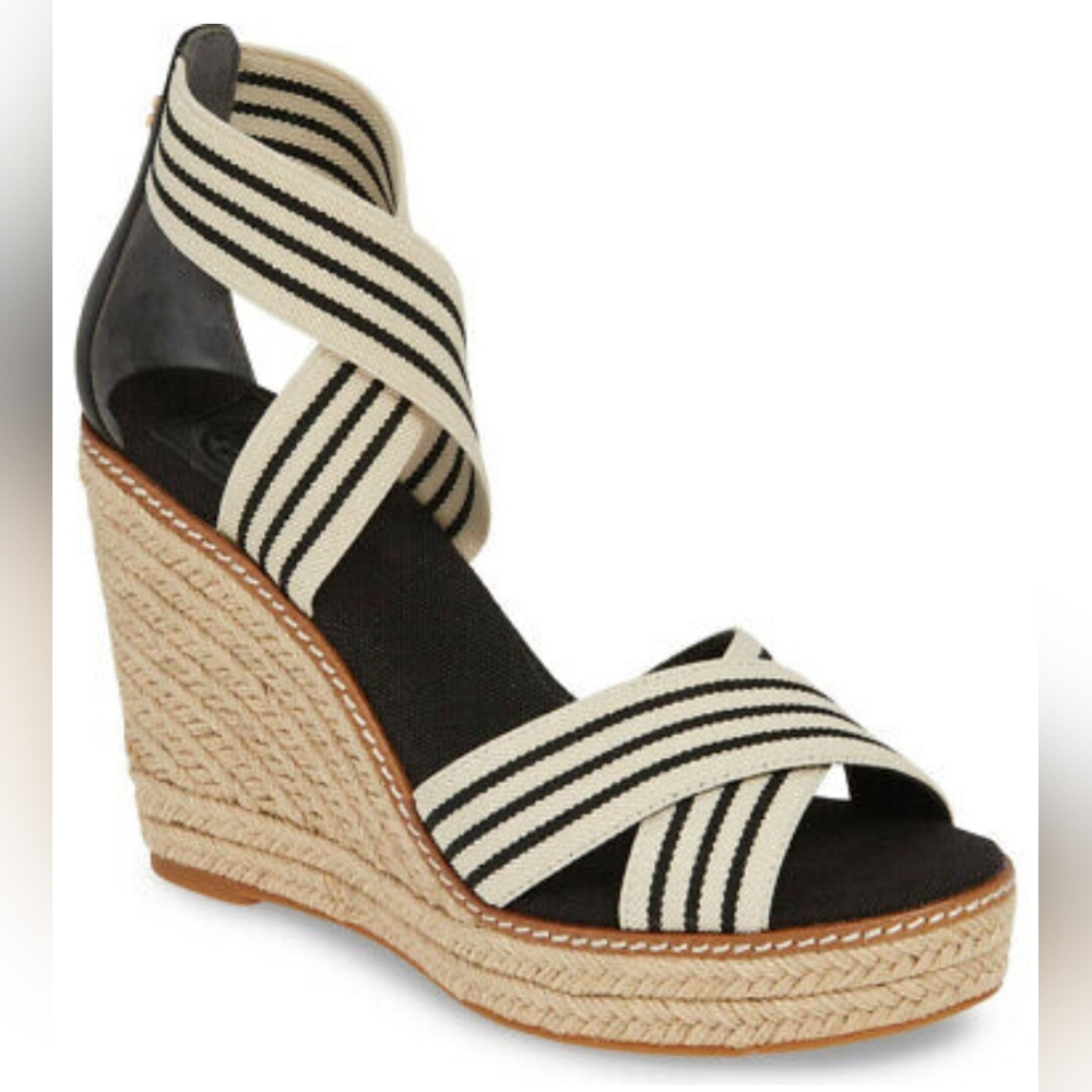Tory Burch Striped Black and Cream Espadrilles